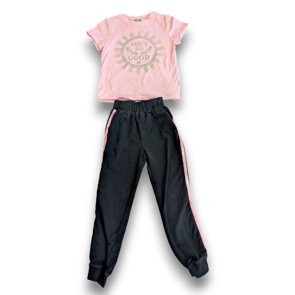 Lola and the Boys Wicked She's so Good Pink Sequin Outfit Shirt Joggers Girls 8